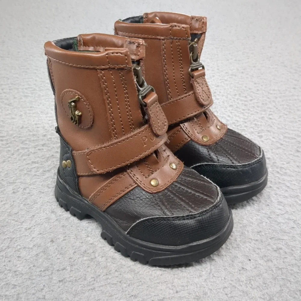 Polo Ralph Lauren Snow Boots Boys 5 Brown Duck Boot Zip Strap Winter Lined